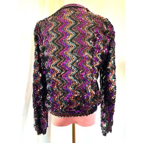 Vintage 80's Toppettes Full Sequined Pullover V-Neck Top Zig-Zag Pattern S - Picture 2 of 8